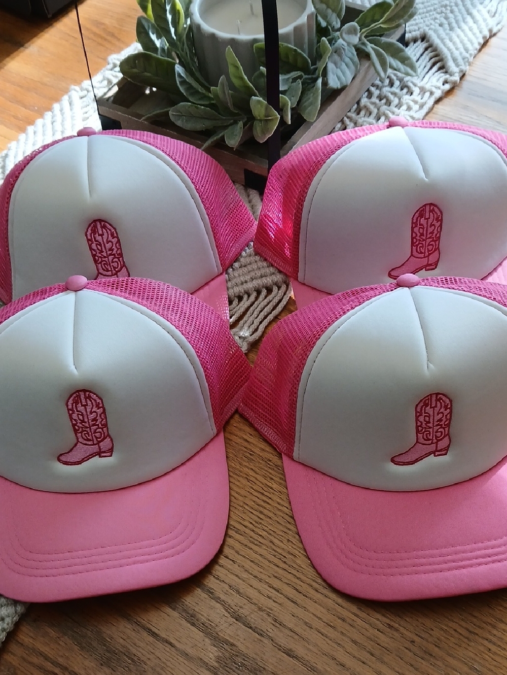 Pink and White Trucker Hat with Embroidered Boot